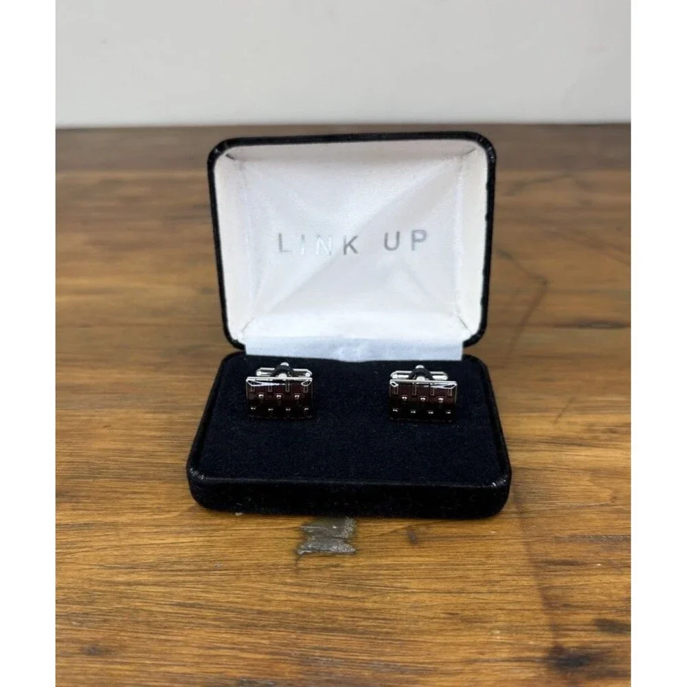 LINK UP Men's Cufflinks Purple Enamel Silver Tone Cage Grid Woven Boxed Vintage
